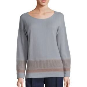 Lafayette 148 Cozy Wool Mohair Blend Light Blue brown Crew Neck Sweater Casual